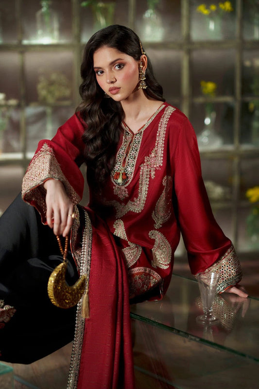 Cherry red embroidered Silk suit|E97