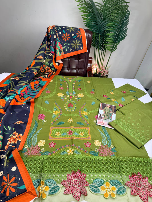 Olive green embroidered Suit|E153