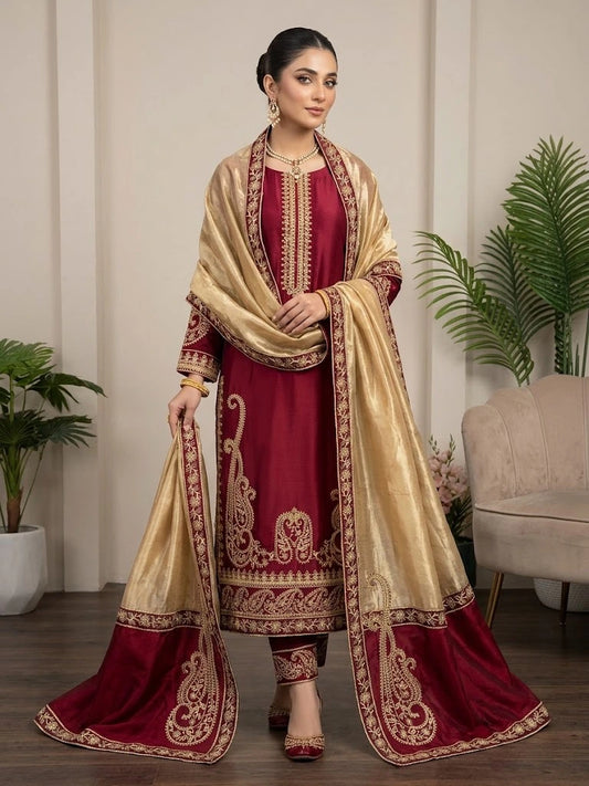 Embroidered Silk 3-Piece Suit with Fancy Applique Dupatta|E162
