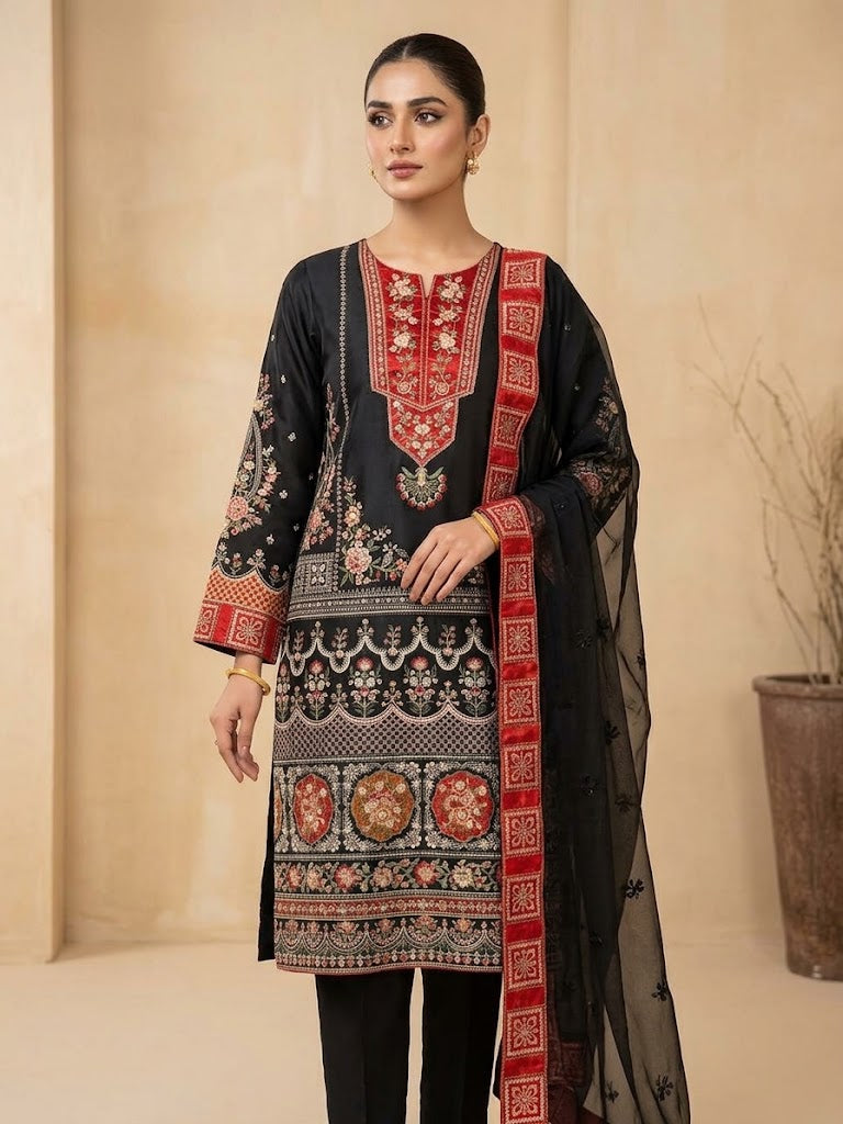 3-Piece Embroidered Silk Suit with Khadi Net Dupatta|E152