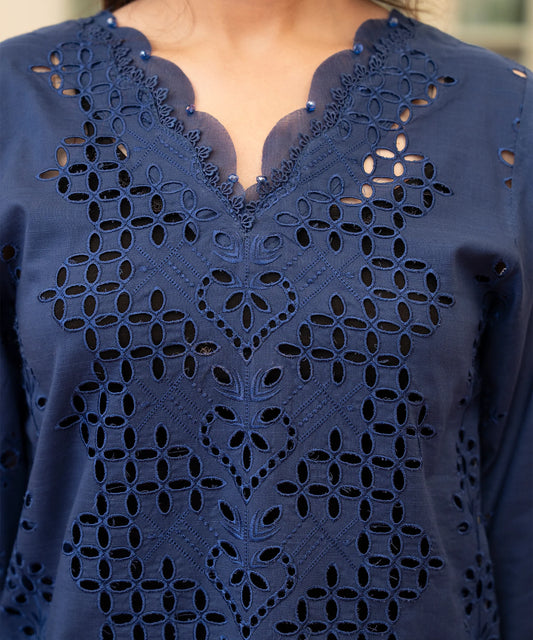 Navy blue embroidered Chikankari lawn|E60