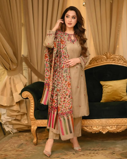 3-piece embroidered Dhanak suit|E173
