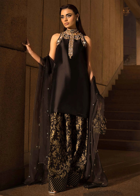 3 piece black silk shirt with gold embroidery|E95