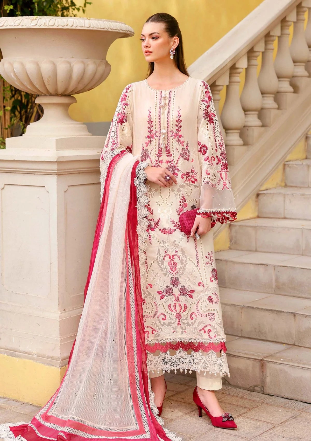 Maria B. off-white and pink embroidered |E17