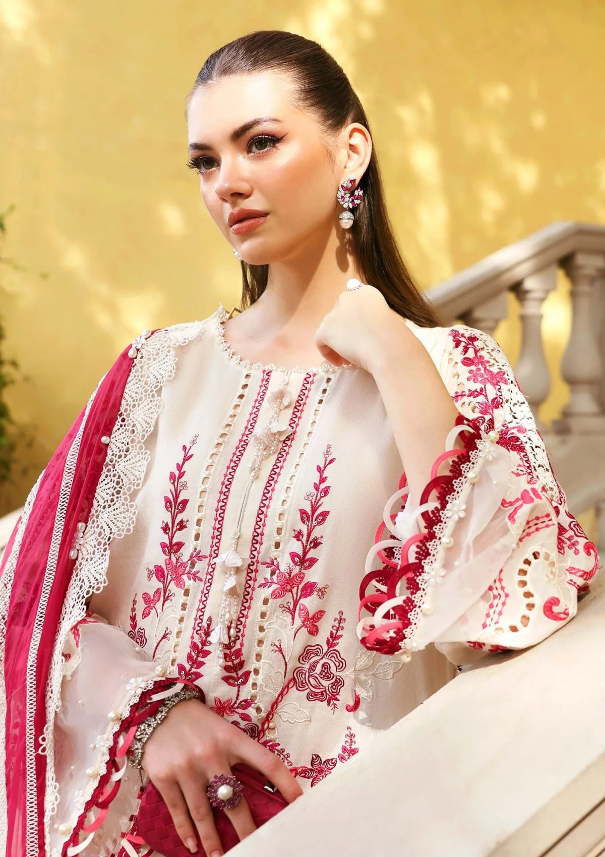 Maria B. off-white and pink embroidered |E17