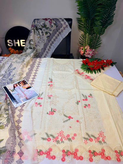 Cream Lawn Suit Embroidered Chikankari Fabri Delicate Pink Floral Accents|E105