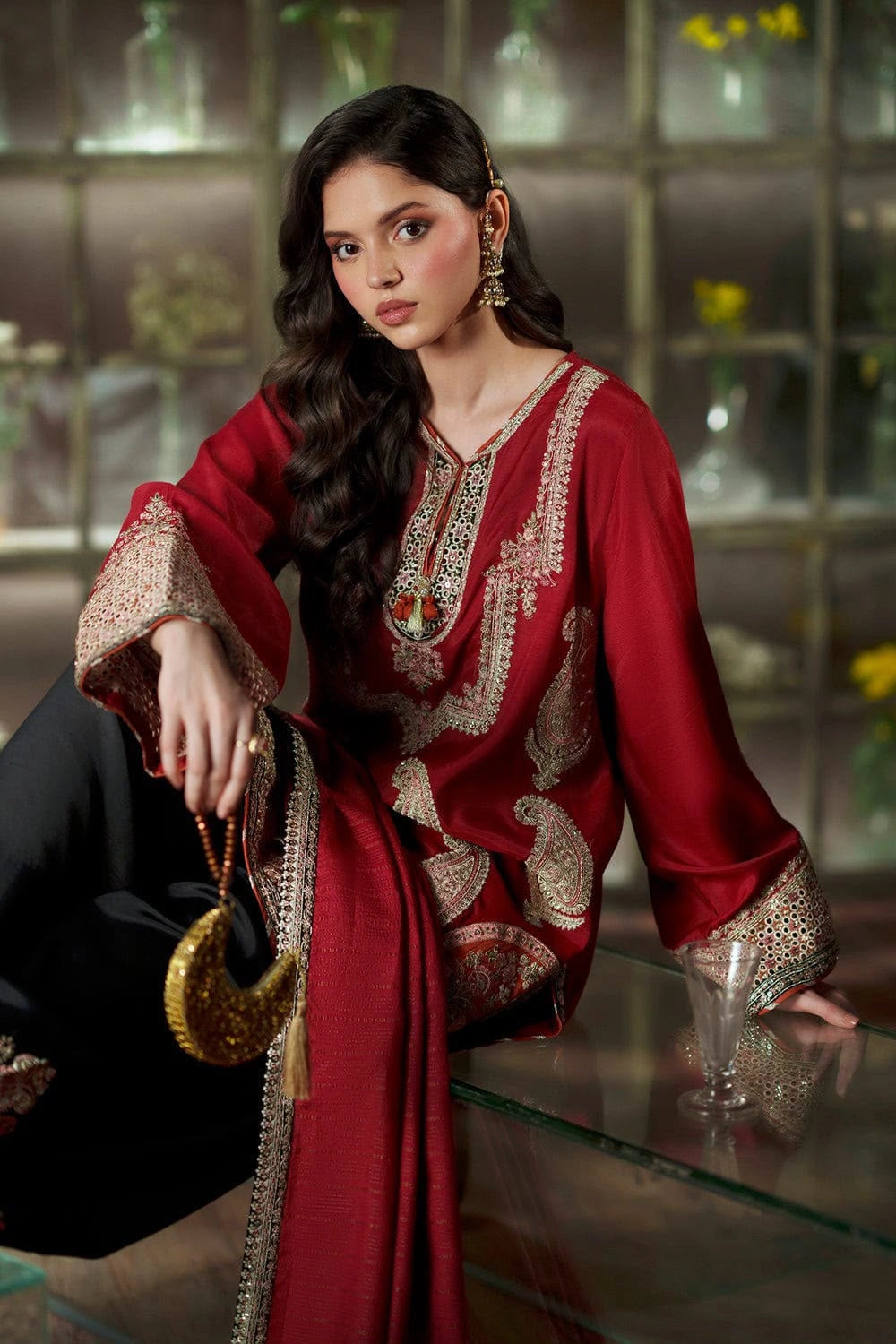 Cherry red embroidered Silk suit|E97