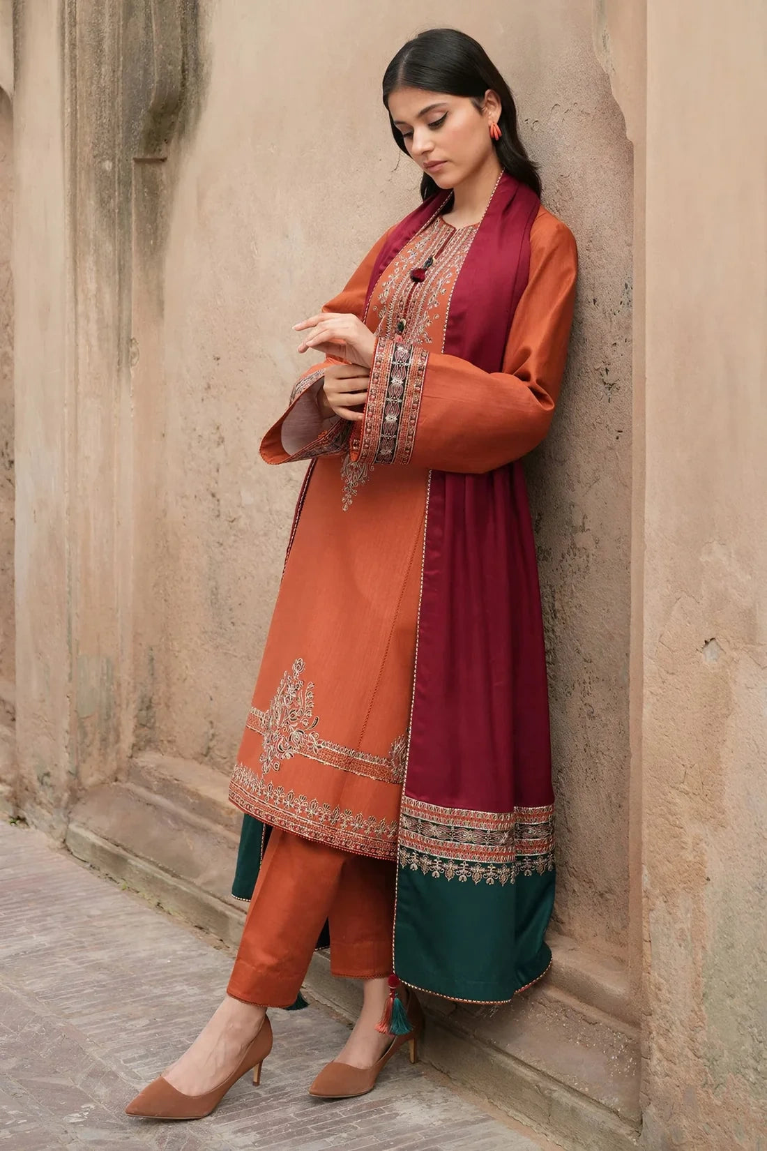 Orange 3-piece Embroidered Suit Paired With a Contrasting Maroon And Green Shawl|E122