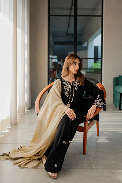 Black 3-piece embroidered Dhanak Stuff-E128