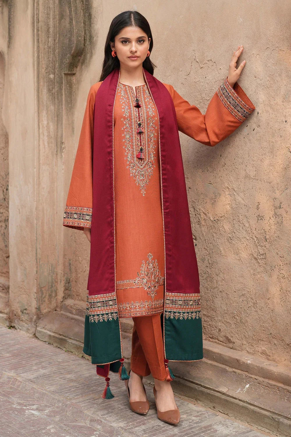 Orange 3-piece Embroidered Suit Paired With a Contrasting Maroon And Green Shawl|E122