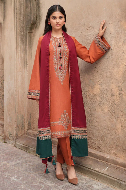 Orange 3-piece Embroidered Suit Paired With a Contrasting Maroon And Green Shawl|E122