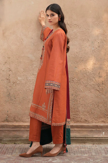 Orange 3-piece Embroidered Suit Paired With a Contrasting Maroon And Green Shawl|E122
