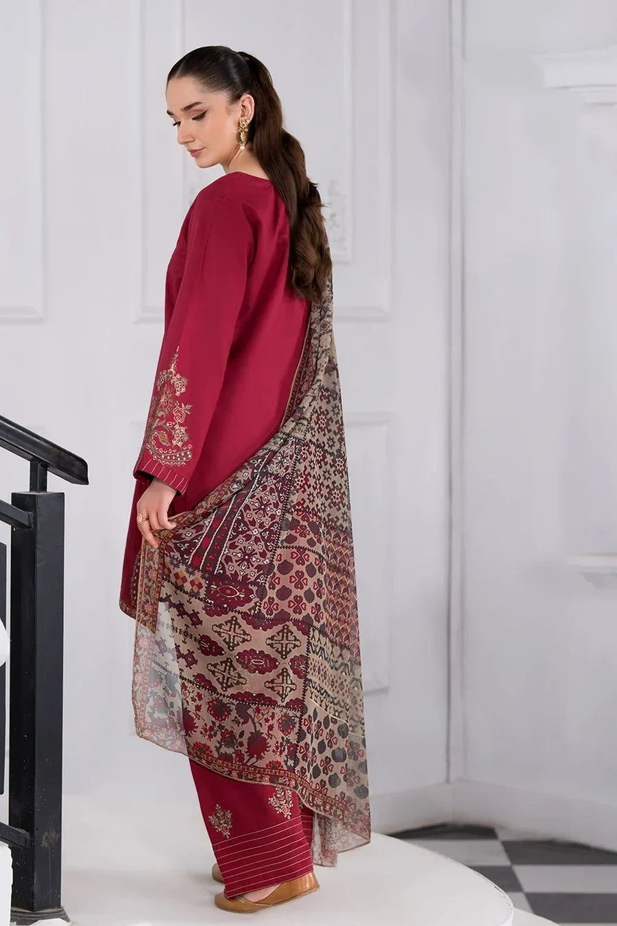 Maroon 3-Piece Suit Features Delicate Neckline Embroidery Winter Collection|E127