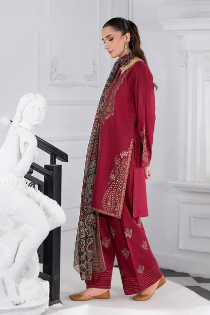 Maroon 3-Piece Suit Features Delicate Neckline Embroidery Winter Collection|E127
