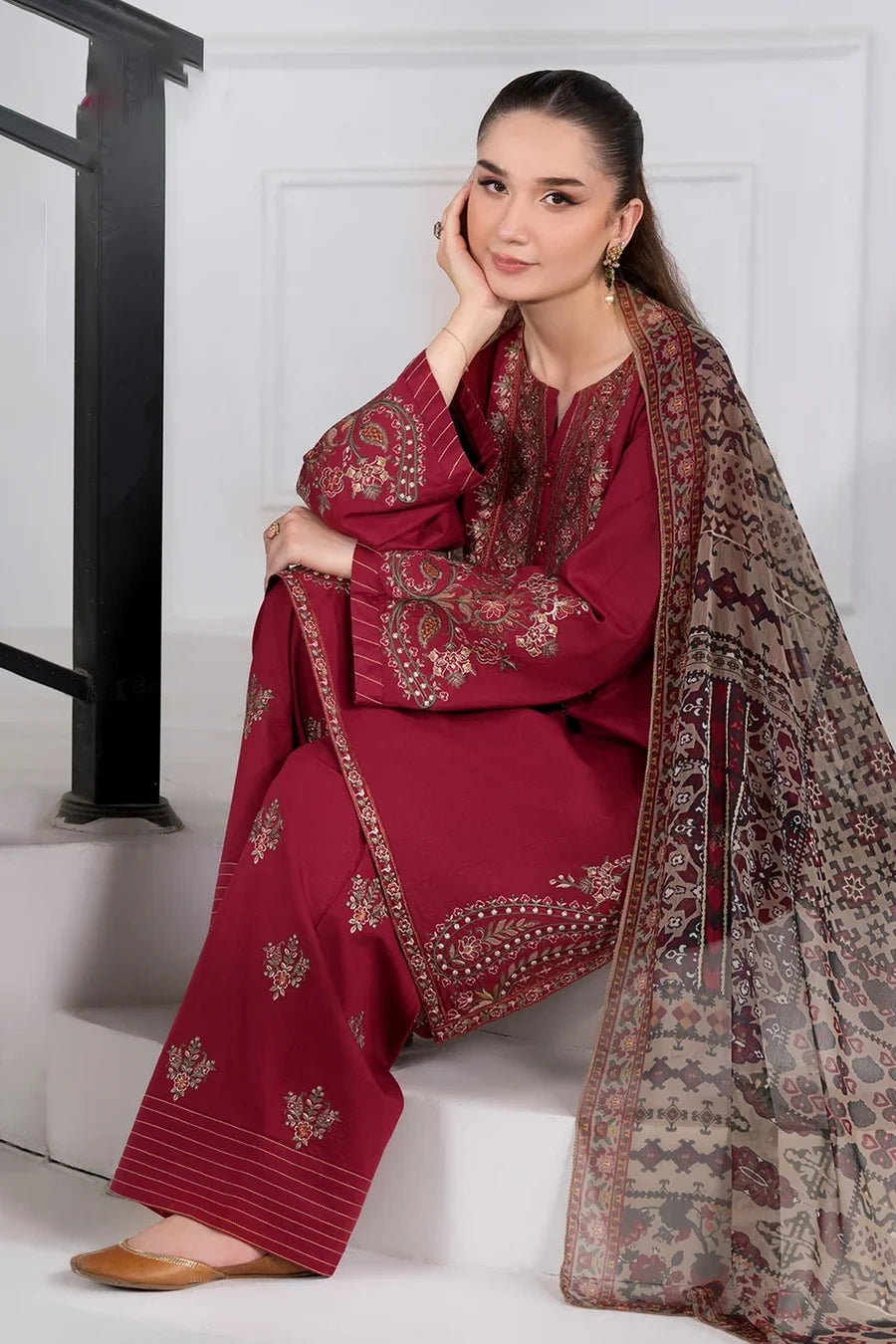 Maroon 3-Piece Suit Features Delicate Neckline Embroidery Winter Collection|E127