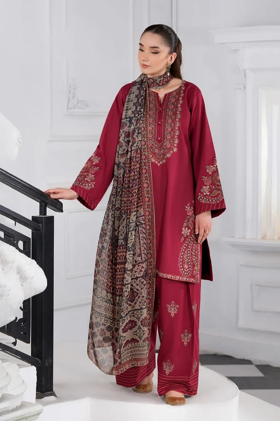 Maroon 3-Piece Suit Features Delicate Neckline Embroidery Winter Collection|E127