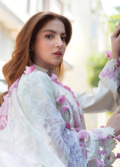 Cream Lawn Suit Embroidered Chikankari Fabri Delicate Pink Floral Accents|E105