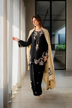 Black 3-piece embroidered Dhanak Stuff-E128