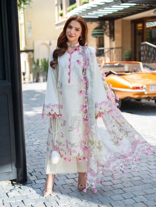 Cream Lawn Suit Embroidered Chikankari Fabri Delicate Pink Floral Accents|E105