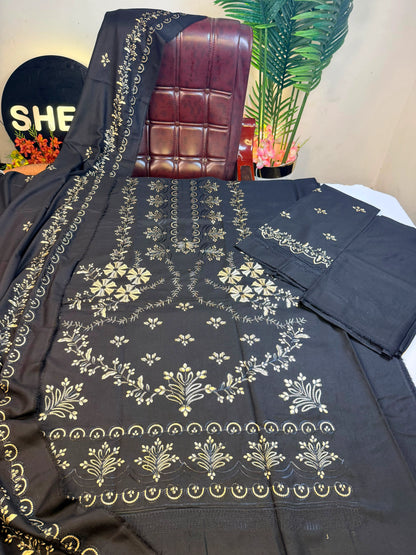 Embroidered Black Dhanak Three-Piece Winter Collection |E113