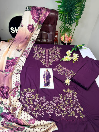 Dark Purple Eastern 3-Piece Unstitched Winter Stuff Suit|E116
