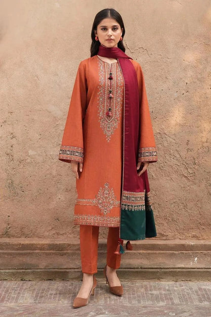 Orange 3-piece Embroidered Suit Paired With a Contrasting Maroon And Green Shawl|E122