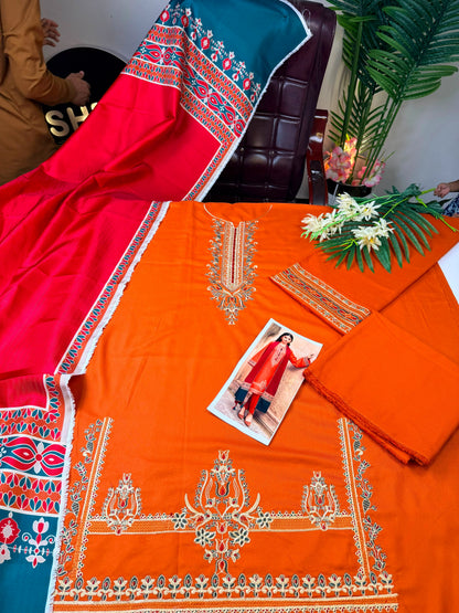 Orange 3-piece Embroidered Suit Paired With a Contrasting Maroon And Green Shawl|E122