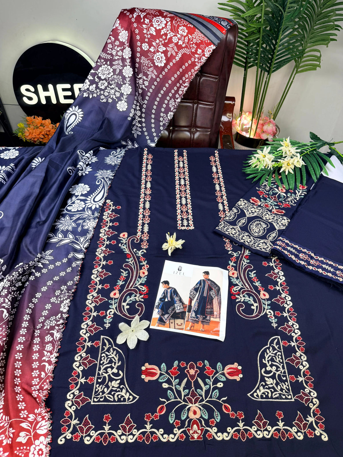 Navy blue embroidered Suit|E129