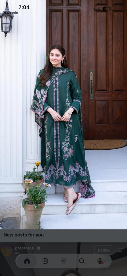 Lawn-3PC Embroidered Green Summer Collection Suit|E132
