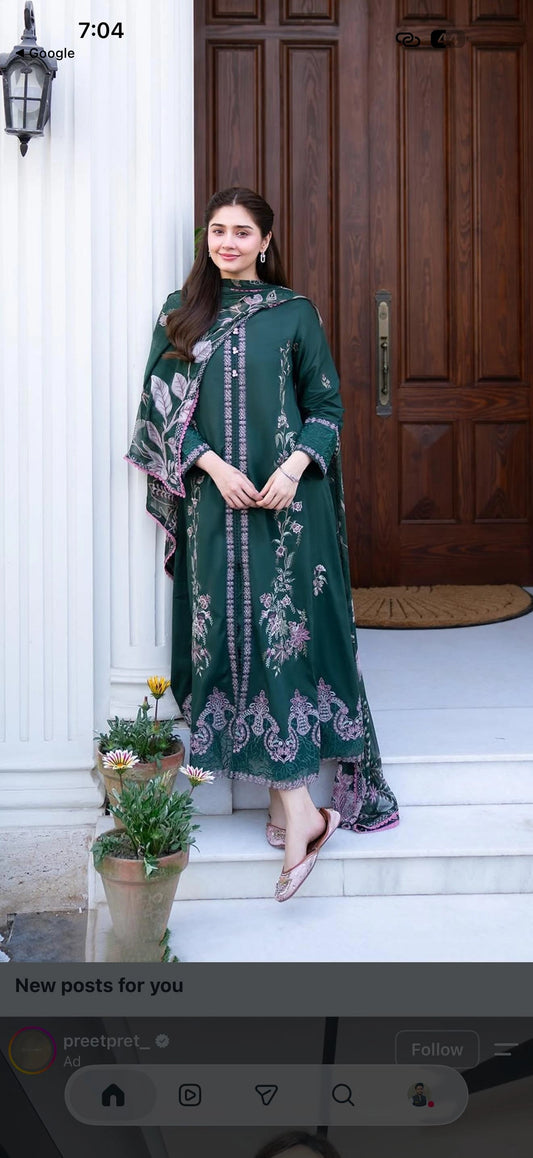 Lawn-3PC Embroidered Green Summer Collection Suit|E132