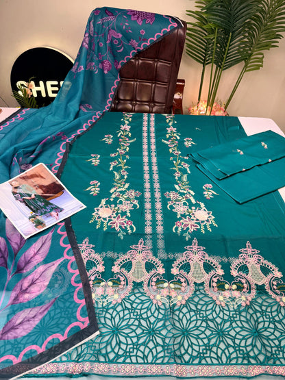 Lawn-3PC Embroidered Green Summer Collection Suit|E132