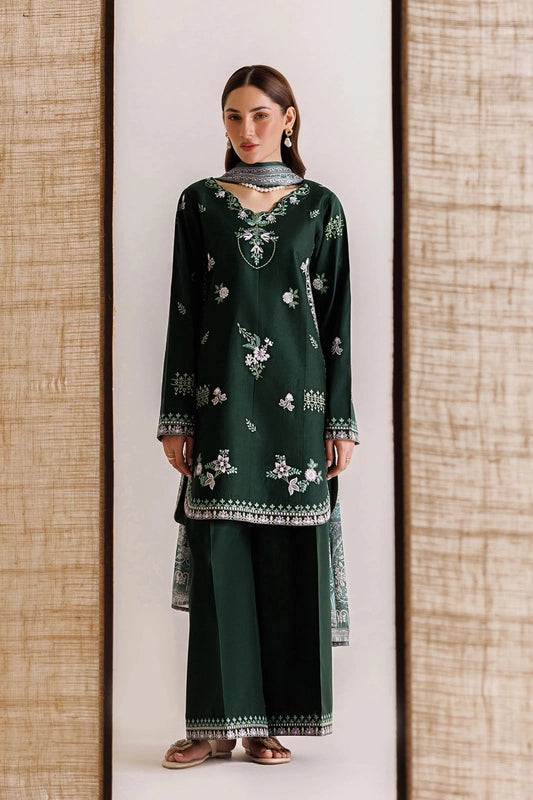 Dark green embroidered 3-piece kurta|E164
