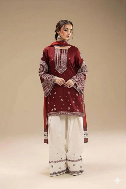 Maroon Embroided 3pc Suit|E150
