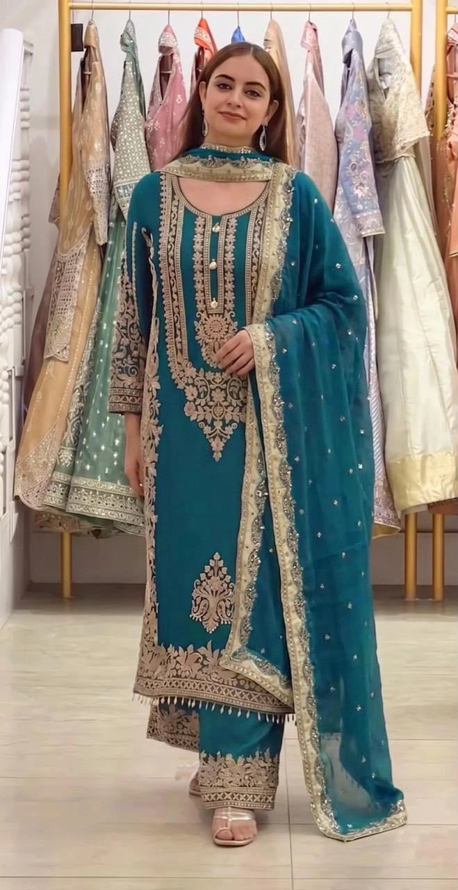 3-Piece Embroidered Silk Suit with Sequence Work & Chiffon Dupatta|E153