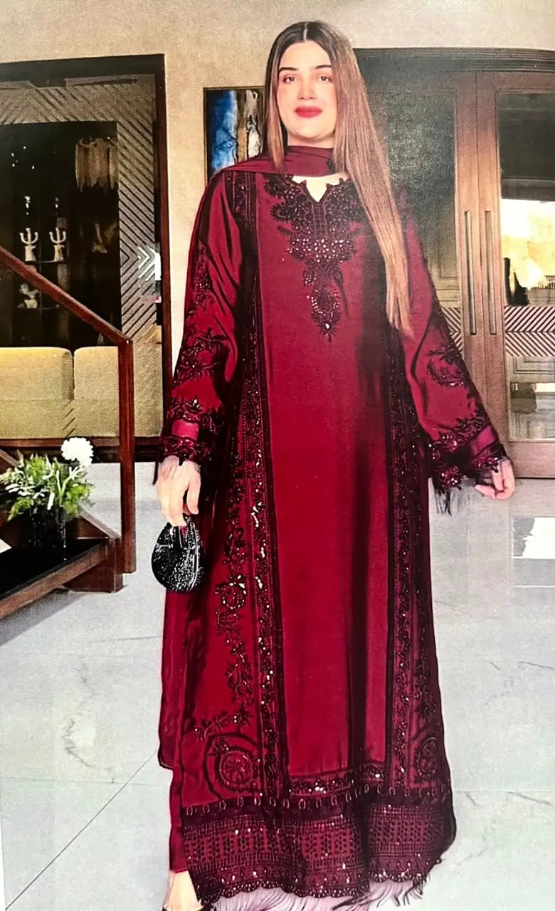 Luxury Embroidered Silk 3-Piece Suit with Chiffon Dupatta|E159