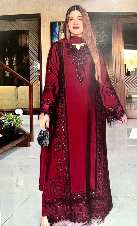 Luxury Embroidered Silk 3-Piece Suit with Chiffon Dupatta|E159