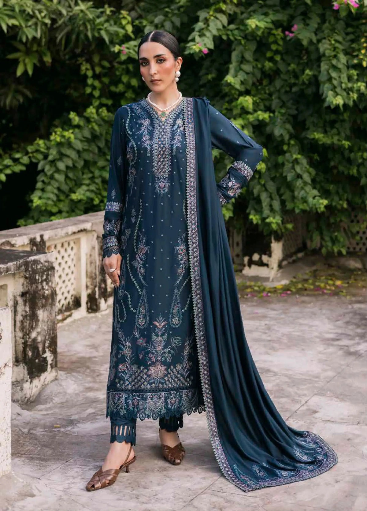 3-Piece Embroidered Dhanak Suit|E175