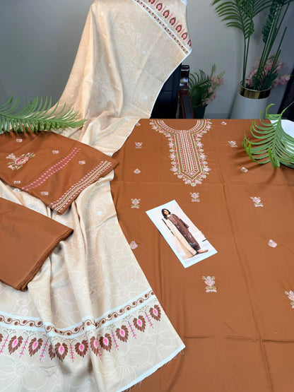 Chocolate Brown 3-piece Embroidered suit|E174