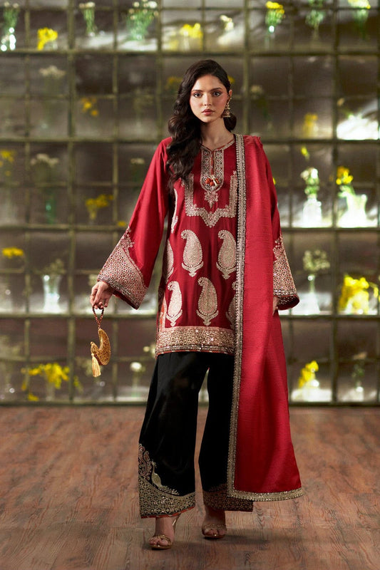 Cherry red embroidered Silk suit|E97