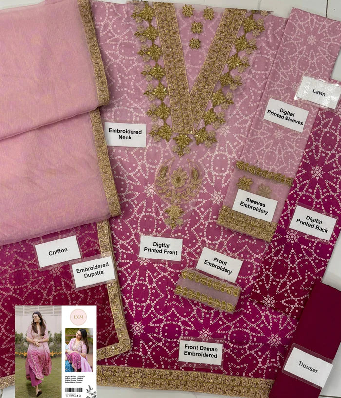 LXM Lawn Suit Pink Ombre Chunri Suit