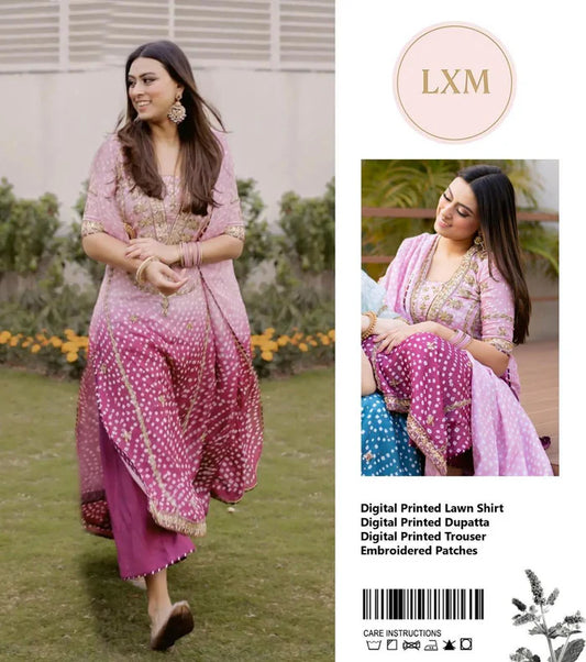 LXM Lawn Suit Pink Ombre Chunri Suit